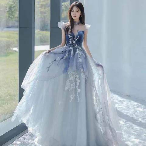 Chic / Beautiful Sky Blue Prom Dresses 2022 A-Line / Princess High Neck Beading Pearl Sequins Lace Flower Sleeveless Floor-Length / Long Formal Dresses