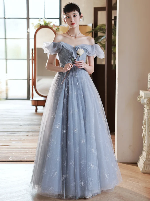 Chic / Beautiful Sky Blue Sequins Prom Dresses 2022 A-Line / Princess Off-The-Shoulder Short Sleeve Backless Floor-Length / Long Formal Dresses