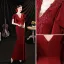 Charming Burgundy Beading Lace Flower Satin Evening Dresses 2022 Trumpet / Mermaid V-Neck Short Sleeve Backless Floor-Length / Long Prom Formal Dresses