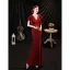 Charming Burgundy Beading Lace Flower Satin Evening Dresses 2022 Trumpet / Mermaid V-Neck Short Sleeve Backless Floor-Length / Long Prom Formal Dresses