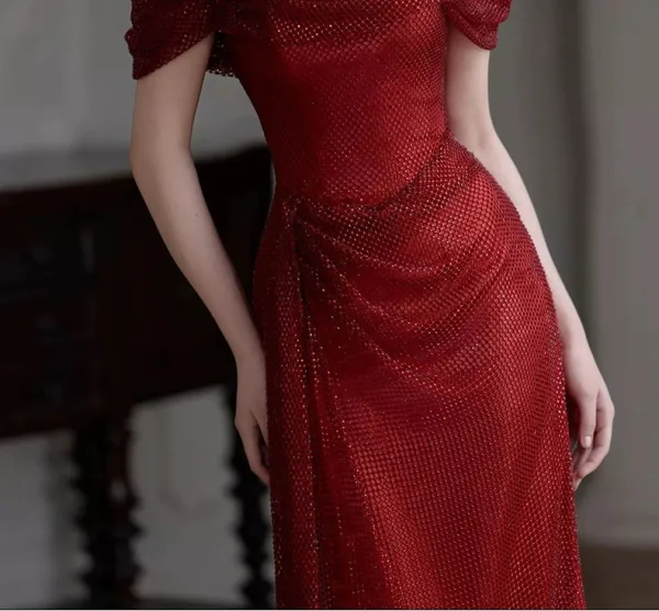 Evening Dresses Formal Dresses Evening Dresses  Burgundy Crossed Straps Backless Glitter Split Front Sweep Train Polyester Off-The-Shoulder Fall Spring Summer Evening Party Short Sleeve Trumpet / Mermaid