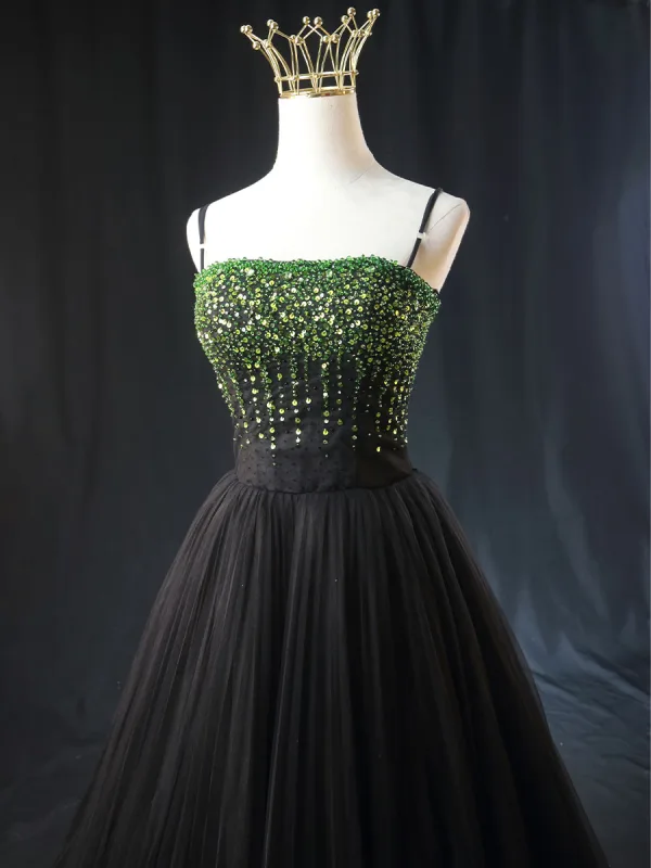 Haut de Gamme Noire Perlage Paillettes Robe De Bal 2024 Robe Boule Bretelles Spaghetti Sans Manches Dos Nu Longue Robe De Ceremonie