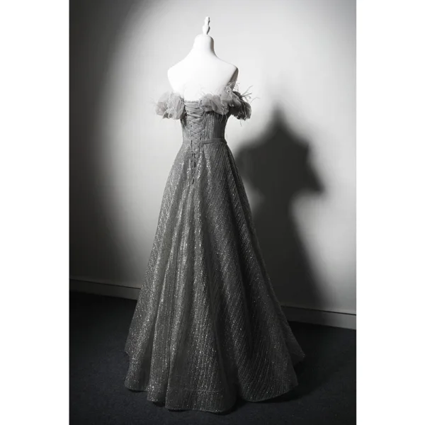 Bling Bling Grey Glitter Tassel Prom Dresses 2024 A-Line / Princess Ruffle Off-The-Shoulder Sleeveless Backless Floor-Length / Long Formal Dresses