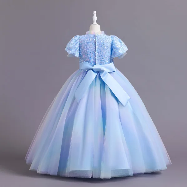 Chic / Belle Bleu Ciel Paillettes Anniversaire Robe Ceremonie Fille 2023 Robe Boule Col Haut Manches Courtes Noeud Longue Robe Ceremonie Fille