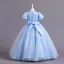 Chic / Belle Bleu Ciel Paillettes Anniversaire Robe Ceremonie Fille 2023 Robe Boule Col Haut Manches Courtes Noeud Longue Robe Ceremonie Fille