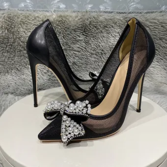 Charmant Noire Soirée Faux Diamant Perle Noeud Escarpins 2022 12 Cm Talons Aiguilles À Bout Pointu Escarpins Talons Hauts