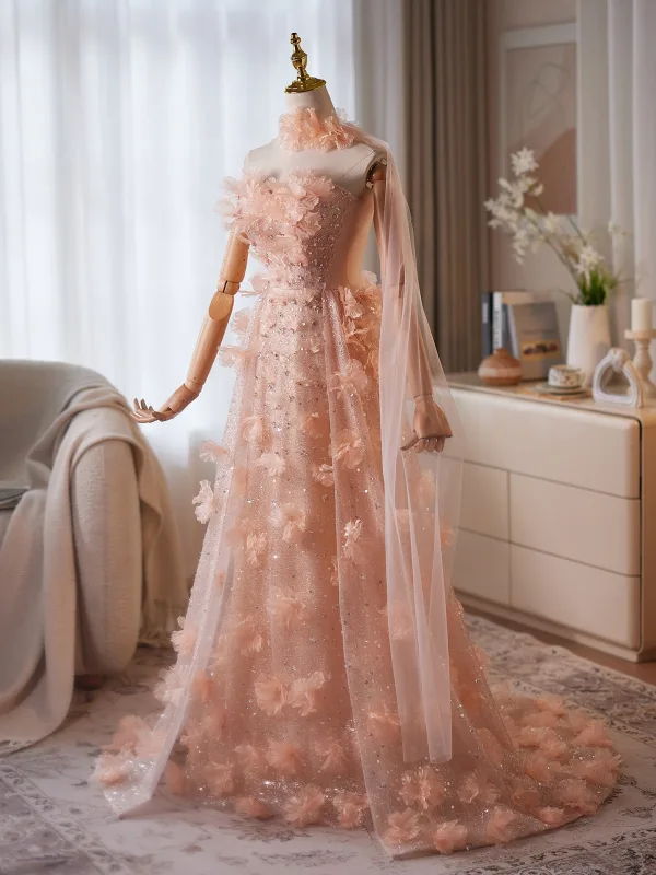 Charming Blushing Pink Appliques Glitter Pearl Rhinestone Prom Dresses 2026 A-Line / Princess Strapless Sleeveless Backless Floor-Length / Long Prom Formal Dresses