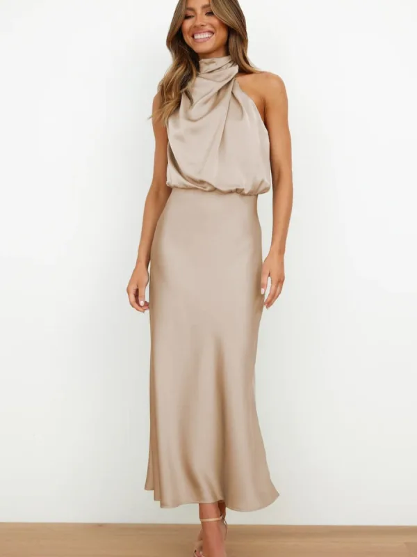 Fashion Beige Street Wear Holiday Women Dresses 2023 High Neck Tea-length Womens Clothing