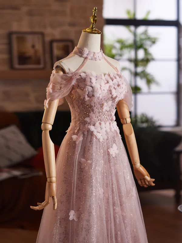 Flower Fairy Blushing Pink Beading Sequins Butterfly Appliques Prom Dresses 2025 A-Line / Princess High Neck Sleeveless Backless Floor-Length / Long Formal Dresses