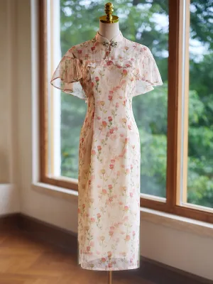 Chinese Style Chic Beautiful Beige Printing Cheongsam 2024 Trumpet Mermaid High Neck Short Sleeve Floor Length Long
