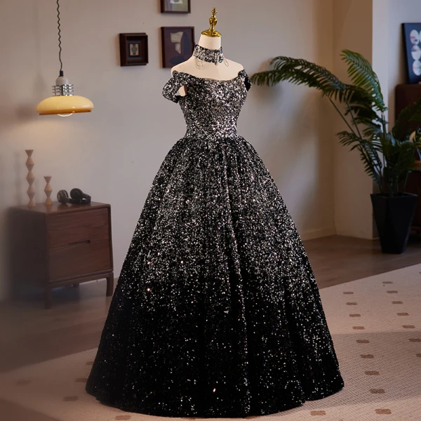 Sparkly Black Sequins Prom Dresses 2024 Ball Gown Off-The-Shoulder Sleeveless Backless Floor-Length / Long Prom Formal Dresses