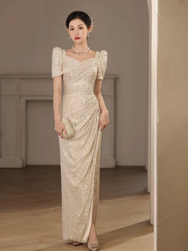 Scintillantes Doré Paillettes Robe De Soirée 2023 Trompette / Sirène Encolure Carrée Manches Courtes Dos Nu Longue Soirée Robe De Ceremonie