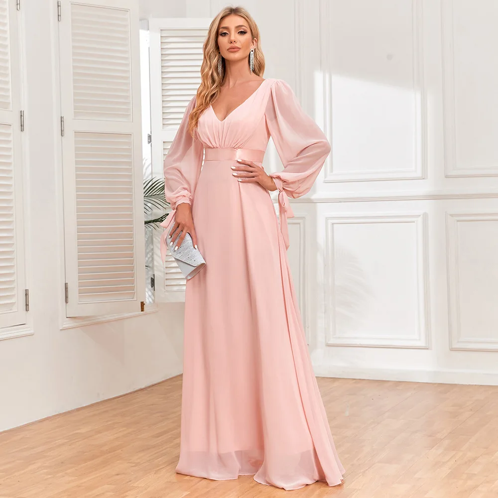 knee length dresses for ladies Plus Size Long Sleeve Chiffon Midi Dress with Square Neck for Weddings &  Family Events main image 0