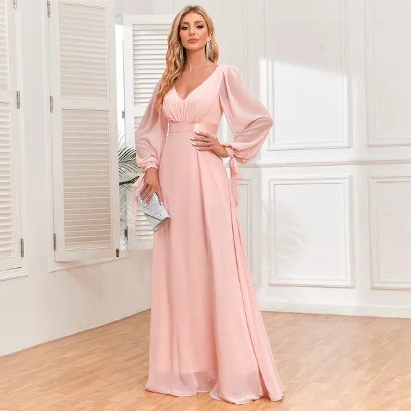 Simple Rougissant Rose Chiffon Robe De Bal 2024 Princesse V-Cou Manches Longues Dos Nu Longue Promo Robe De Ceremonie