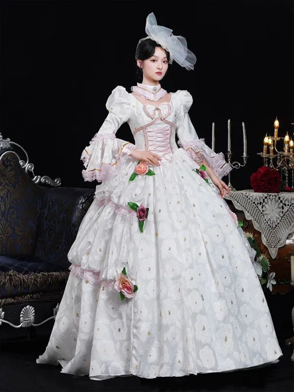 Medieval Vintage / Retro White Lace Flower Appliques Prom Dresses 2025 Ball Gown High Neck Bell sleeves Floor-Length / Long Prom Formal Dresses