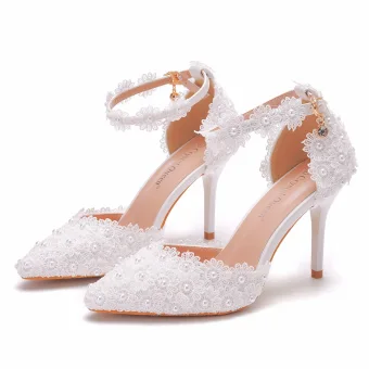 Élégant Blanche Perle En Dentelle Fleur Chaussure De Mariée 2023 Bride Cheville 9 Cm Talons Aiguilles À Bout Pointu Mariage Talons Hauts