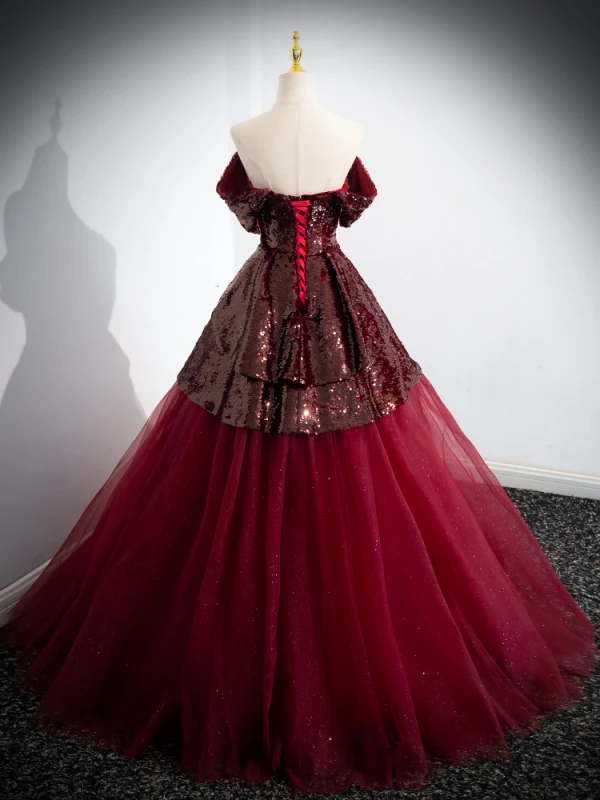 Chic / Belle Bordeaux Paillettes Robe De Bal 2024 Robe Boule Bustier Sans Manches Dos Nu Longue Promo Robe De Ceremonie