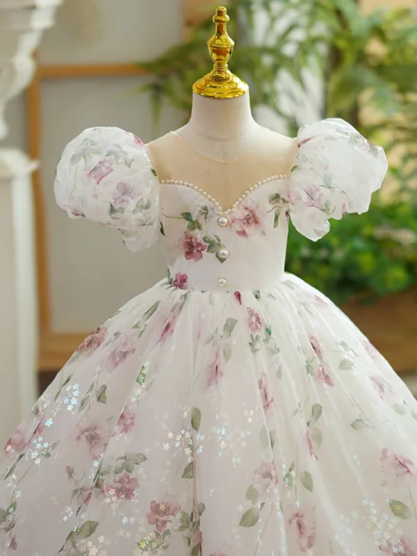 Flower Fairy White Star Sequins Printing Birthday Flower Girl Dresses 2023 Ball Gown Scoop Neck Puffy Short Sleeve Floor-Length / Long