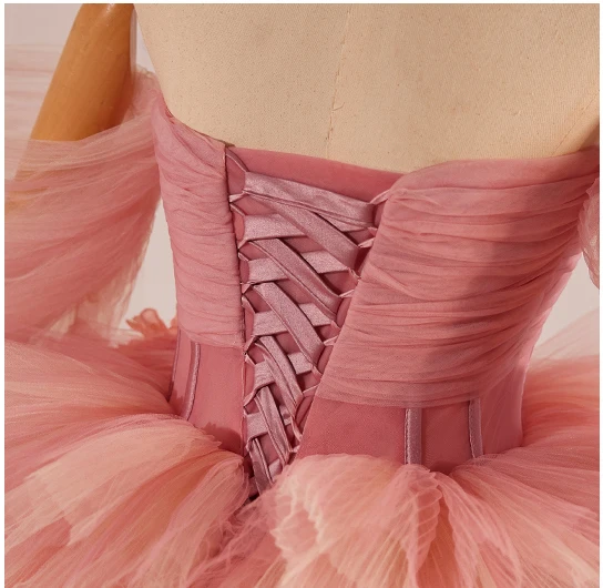 Fashion Blushing Pink Appliques Cascading Ruffles Prom Dresses 2024 Ball Gown Off-The-Shoulder Short Sleeve Backless Sweep Train Prom Formal Dresses