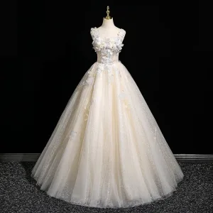 Chic Beautiful Champagne Beading Sequins Appliques Prom Dresses 2025 Ball Gown Square Neckline Sleeveless Backless Floor Length Long Formal Dresses