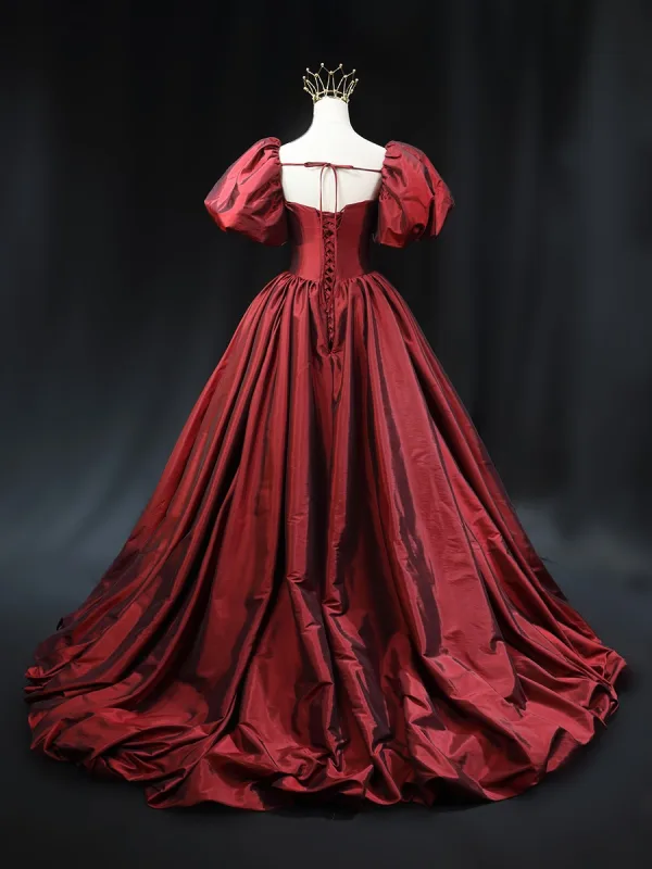 Vintage / Retro Burgundy Prom Dresses 2024 Ball Gown Square Neckline Puffy Short Sleeve Backless Sweep Train Prom Formal Dresses