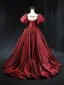 Vintage / Retro Burgundy Prom Dresses 2024 Ball Gown Square Neckline Puffy Short Sleeve Backless Sweep Train Prom Formal Dresses