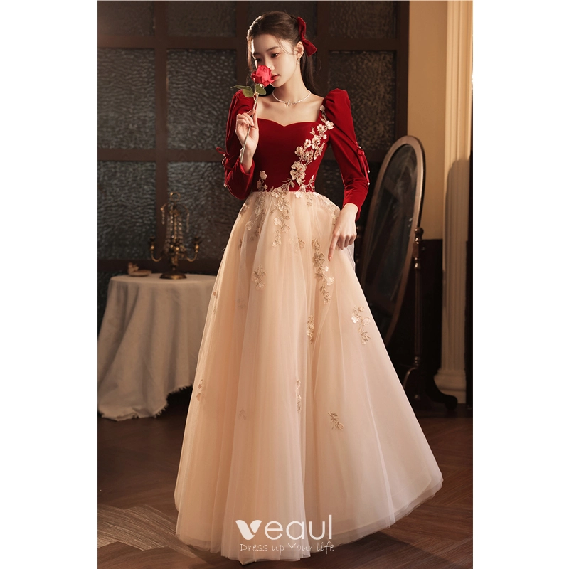 Chic Beautiful Burgundy Beading Rhinestone Lace Flower Fall Winter Evening Dresses 2023 Chic Beautiful Burgundy Beading Rhinestone Lace Flower Fall Winter Evening Dresses 2023