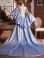 High-end Sky Blue Handmade  Satin Prom shawl 2025 Puffy Short Sleeve