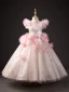 Chic / Beautiful Blushing Pink Beading Pearl Appliques Birthday Flower Girl Dresses 2023 Ball Gown Scoop Neck Short Sleeve Backless Floor-Length / Long