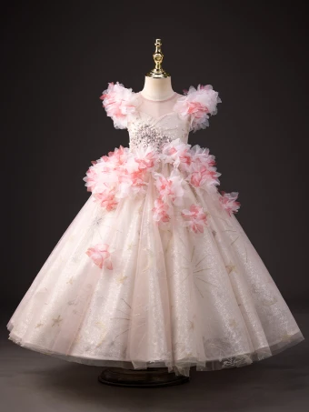 Lovely Blushing Pink Beading Pearl Rhinestone Appliques Lace Flower Birthday Glitter Flower Girl Dresses 2024 Ball Gown Scoop Neck Short Sleeve Floor Length Long