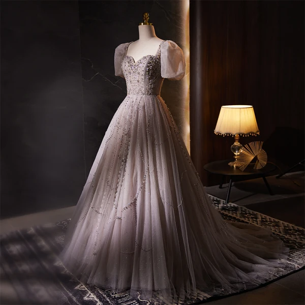 Luxe Haut de Gamme Rougissant Rose Fait main Perlage Perle Faux Diamant Robe De Bal 2023 Princesse Encolure Carrée Gonflée Manches Courtes Dos Nu Train De Balayage Promo Robe De Ceremonie
