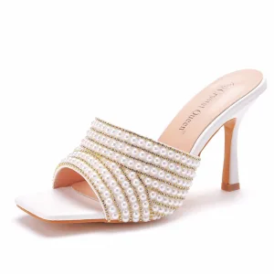 Sexy White Evening Party Pearl Rhinestone Summer Womens Sandals 2023 9 Cm Stiletto Heels Open Peep Toe Sandals High Heels