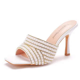 Sexy Blanche Soirée Perle Faux Diamant Été Sandales Femme 2023 9 Cm Talons Aiguilles Peep Toes Bout Ouvert Sandales Talons Hauts