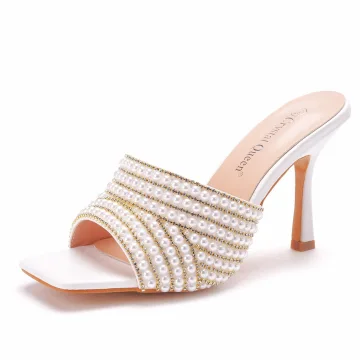 Sexig Vita Afton Pärla Rhinestone Sommar Sandaler Dam 2023 9 Cm Stilettklackar Peep Toe Sandaler Högklackade