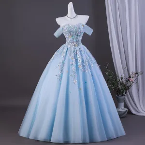 Voluminous Sky Blue Beading Sequins Appliques Prom Dresses 2026 Ball Gown Off The Shoulder Short Sleeve Backless
