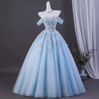 Voluminous Sky Blue Beading Sequins Appliques Prom Dresses 2026 Ball Gown Off The Shoulder Short Sleeve Backless