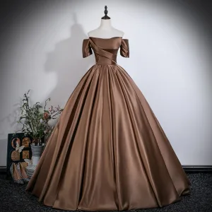 Vintage Brun Satin Gallakjoler 2026 Balkjole Off The Shoulder Kort Ærme Halterneck