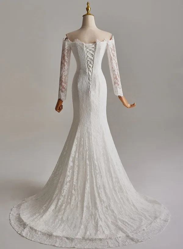 Vintage / Retro White Lace Flower Sweep Train Wedding Dresses 2025 Ball Gown Off-The-Shoulder Long Sleeve Backless