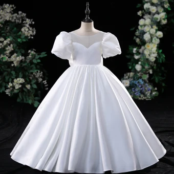 Modest Simple White Birthday Flower Girl Dresses 2024 Ball Gown Scoop Neck Puffy Short Sleeve Backless Bow Floor Length Long