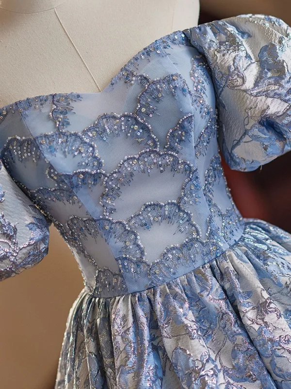 Chic / Beautiful Sky Blue Beading Sequins Lace Flower Prom Dresses 2024 Ball Gown Off-The-Shoulder Puffy Short Sleeve Backless Floor-Length / Long Prom Formal Dresses