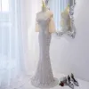 Sparkly White Sequins Evening Dresses 2023 Trumpet / Mermaid V-Neck Short Sleeve Backless Floor-Length / Long Evening Party Formal Dresses