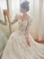 Vintage / Retro Ivory Lace Flower Wedding Dresses 2024 A-Line / Princess Square Neckline Long Sleeve Backless Floor-Length / Long Wedding