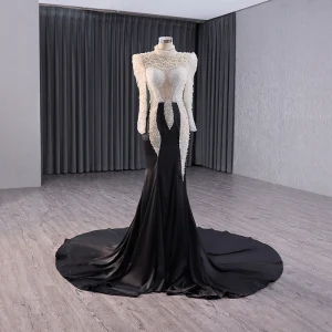 Haut De Gamme Deux Tons Blanche Noire Fait Main Perlage Perle Paillettes Robe De Soirée 2024 Trompette Sirène Col Haut Manches Longues Tribunal Train Soirée