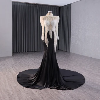 High End Two Tone White Black Handmade Beading Pearl Sequins Evening Dresses 2024 Trumpet Mermaid High Neck Long Sleeve Court Train Evening Party
