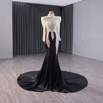 High End Two Tone White Black Handmade Beading Pearl Sequins Evening Dresses 2024 Trumpet Mermaid High Neck Long Sleeve Court Train Evening Party