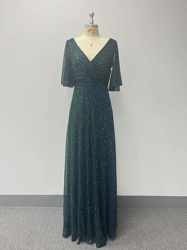 Bling Bling Vert Foncé Perlage Paillettes Robe De Soirée 2024 Princesse V-Cou Manches Courtes Dos Nu Longue Promo Robe De Ceremonie