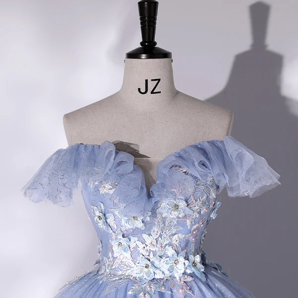 Elegant Sky Blue Pearl Rhinestone Lace Flower Prom Dresses 2022 Ball Gown Off-The-Shoulder Sleeveless Backless Floor-Length / Long Prom Formal Dresses