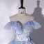 Elegant Sky Blue Pearl Rhinestone Lace Flower Prom Dresses 2022 Ball Gown Off-The-Shoulder Sleeveless Backless Floor-Length / Long Prom Formal Dresses