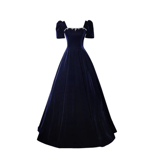 Élégant Bleu Marine Daim Robe De Bal 2023 Princesse Encolure Carrée Faux Diamant Manches Courtes Dos Nu Noeud Longue Promo Robe De Ceremonie