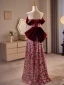 Sparkly Burgundy Sequins Flower Prom Dresses 2024 A-Line / Princess Off-The-Shoulder Short Sleeve Backless Bow Floor-Length / Long Prom Formal Dresses